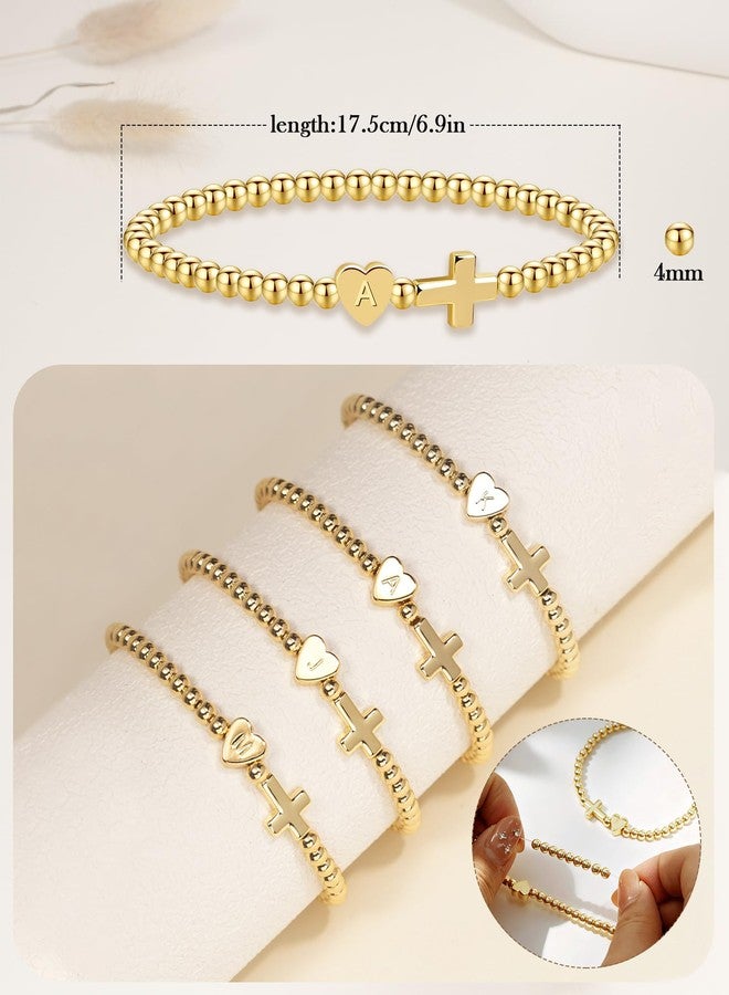 TLY Cross Bracelets for Women Initial Beaded Stretch Elastic Heart Bracelet 14K Gold Plated Dainty Trendy Friendship Bracelets Stack Stocking Stuffers for Women Teens A-Z Letter Charm Bracelet Christmas Gifts - Image 4